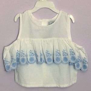 Blue and White off-the-shoulder top, cropped.